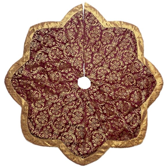 Christmas Tree Skirt Burgundy & Gold 50 Inches - Picture 1 of 6